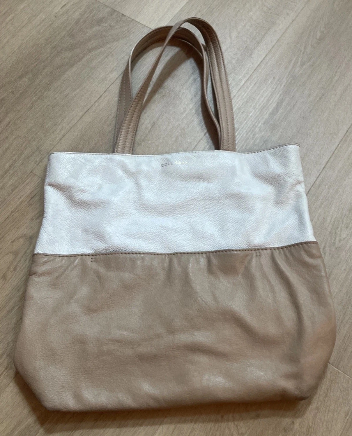 Cole Haan Large Leather Tote Bag Purse Two Tone White Tan Designer Overnight