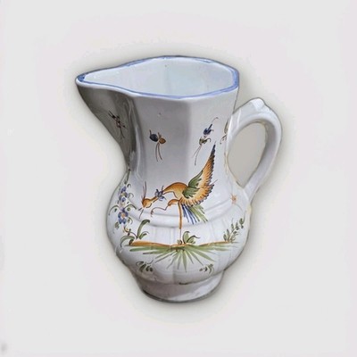 Vintage Decor Moustier Fait Main Hand Painted 9'' tall Jug Pitcher birds Faience
