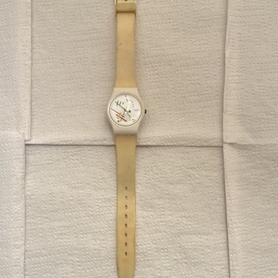 Swatch Analog Quartz Wristwatch White/Multicolor Geometric Dial Beige Strap