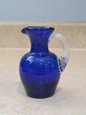 Colbalt Blue Glass  Pitcher, Applied Ribbed Handle, 4.5" Tall with Pontil