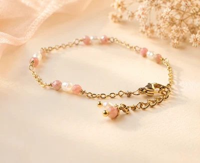 Rhodonit Perlen Armband Gold Wasserdicht Minimalistischer Schmuck Elegante Kette - Bild 1 von 4