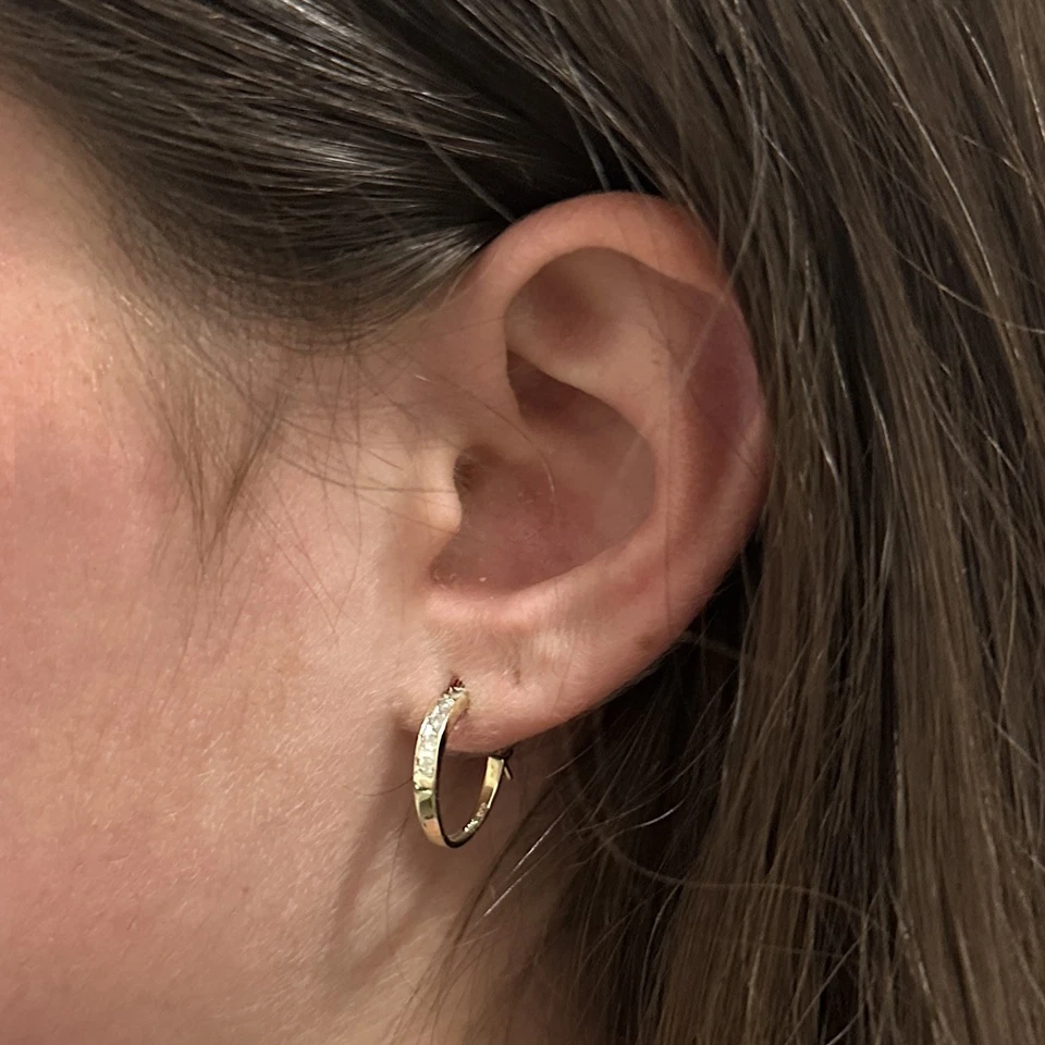 Estate Round Huggie Hoop Diamond Earrings 10K Two-Tone Gold 0.20 CTW 0.60" - Image 2 of 4