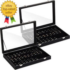 2 Pcs 100 Slots Ring Organizer Box with Transparent Glass Lid Necklace Display