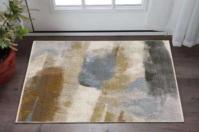 3' X 5' Beige And Rust Abstract Area Rug With Fringe