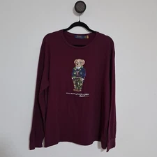 Polo Ralph Lauren Shirt Men's Burgundy Long Sleeve Polo Bear Graphic Crewneck XL