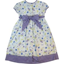Lands' End Vtg Floral Gingham Dress Girls 7 White Purple Buttons Cottagecore