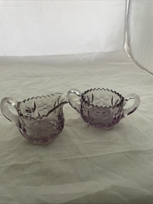 Handled Cream And Sugar Set Pressed And Cut Glass Purple Tint Saw toothed