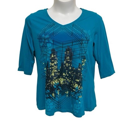 Style & Co Sport Top Womens 2X Teal 3/4 Sleeve V-Neck Studded Casual Pullover