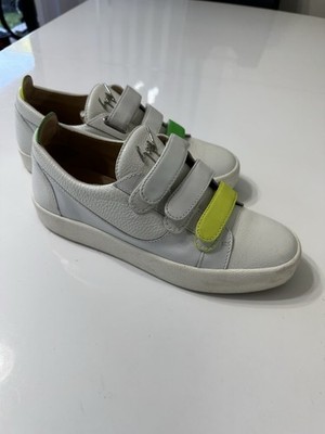 Giuseppe Zanotti White Green Yellow Leather Hook & Loop Low Top Men's Sneakers