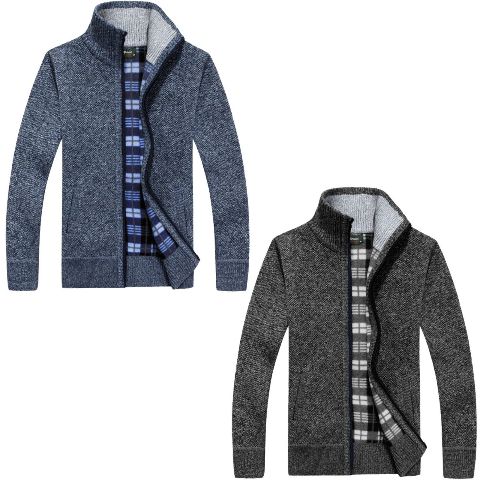 Men Zip Up Cardigan Funnel Collar Thick Fleece Lined Knitted Winter Jumper Coat