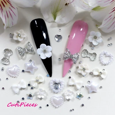 24pcs 3D Nail Art "Silver White" Flower Heart Star Bow Craft Embellishments Mix