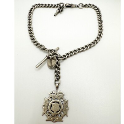 Antique sterling silver double Albert chain fob key coin medallion