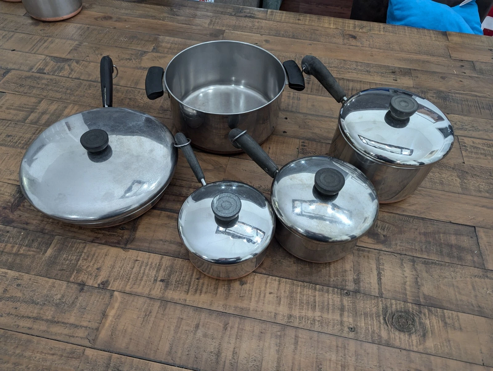 Vintage Revere Ware 1801 Copper Bottom Cookware 9 Piece Set Pots and Pans