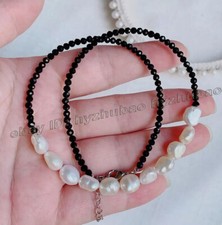 3mm Faceted Black Spinel Round Beads 7-8mm White Baroque Pearl Necklace 18-36"