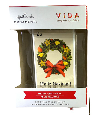 Hallmark Vida Feliz Navidad Stamp Wreath Xmas Tree Ornament Spanish NIB ...