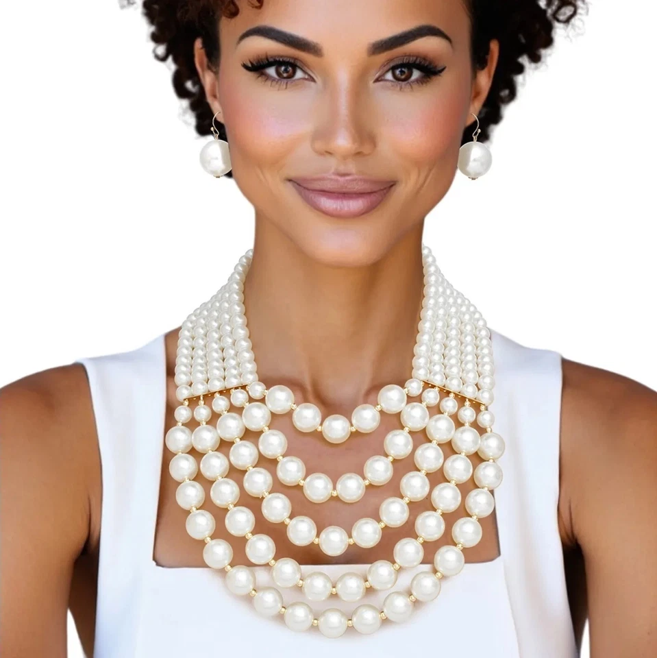 Conjunto de collar drapeado con bola dorada perla crema cuentas gruesas babero declaración 5 filas capas