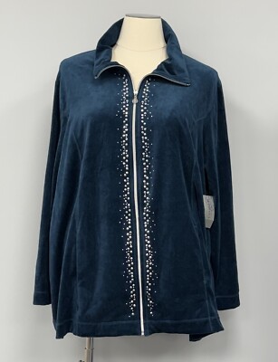 NWT Catherines Velvet Cozy Full Zip Jacket Plus 3X Rhinestone Beaded Teal Green