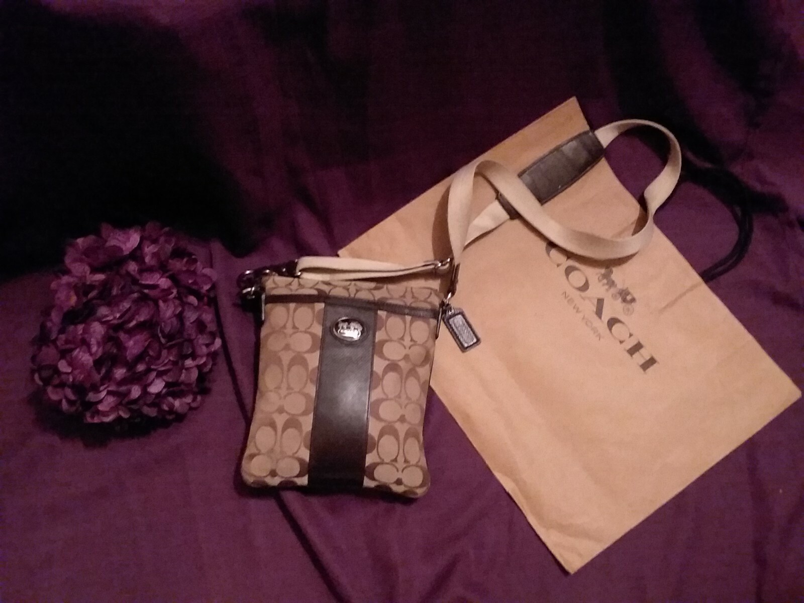 COACH Light Khaki Legacy Brown Striped Signature Cros… Gem