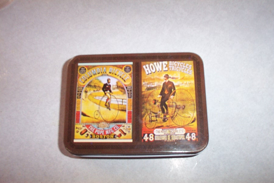 2 MINT DECKS OF BICYCLE PLAYING CARDS, HOWE & COLUMBIA BICYLES, 1 STILL SEALED