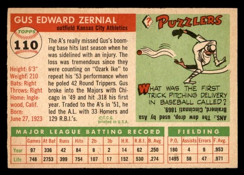 1955 Topps Baseball #110 Gus Zernial EX/MT *e1 - Picture 2 of 2