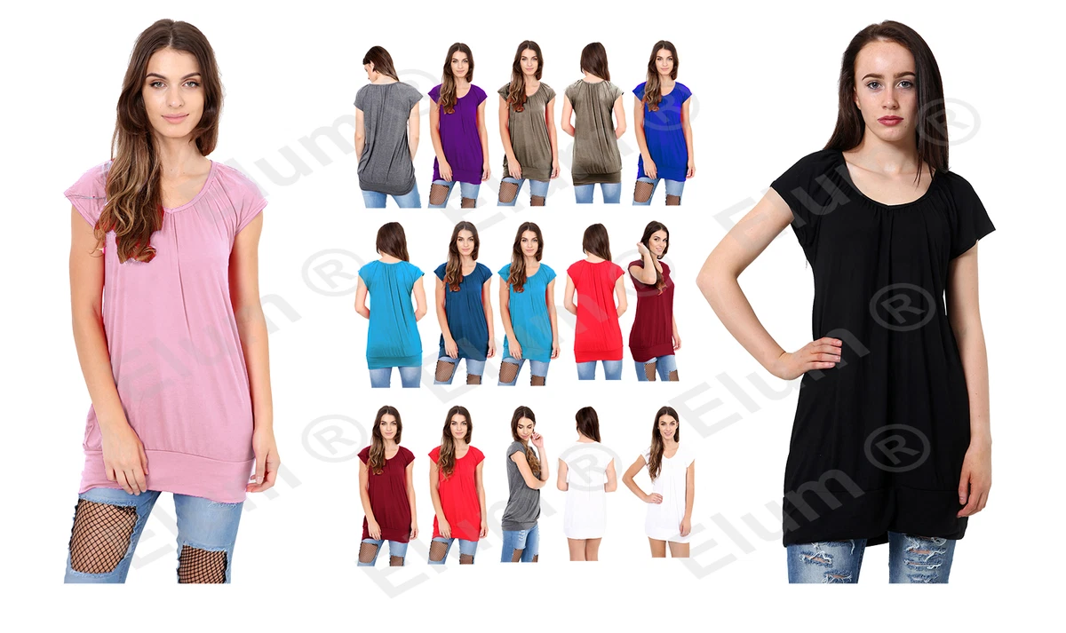 Ladies Low Cut Plain Hip Long Line Top Gathering T Shirt Tunic Summer Holiday