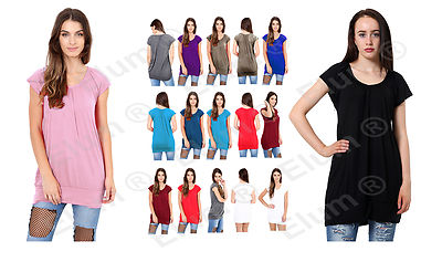 Damen tief ausgeschnitten schlicht Hüft Long Line Top Raffung T-Shirt Tunika Sommer Urlaub 