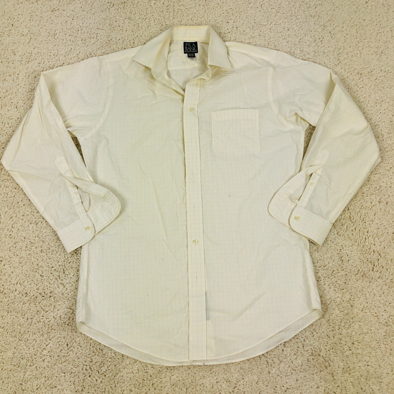 JOS A BANK Button Up Dress Shirt 15.5 / 34 Yellow Plaid Long Sleeve Casual Mens