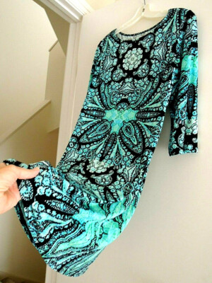Ladies Dress Size M Jewel Tone Artsy Print Tapered Spandex Blend $65 Value NWOT