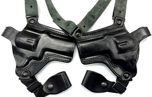 Black Leather Dual 2-GUN Double Shoulder Holster for 4" TAURUS TRACKER 627 - Picture 1 of 8