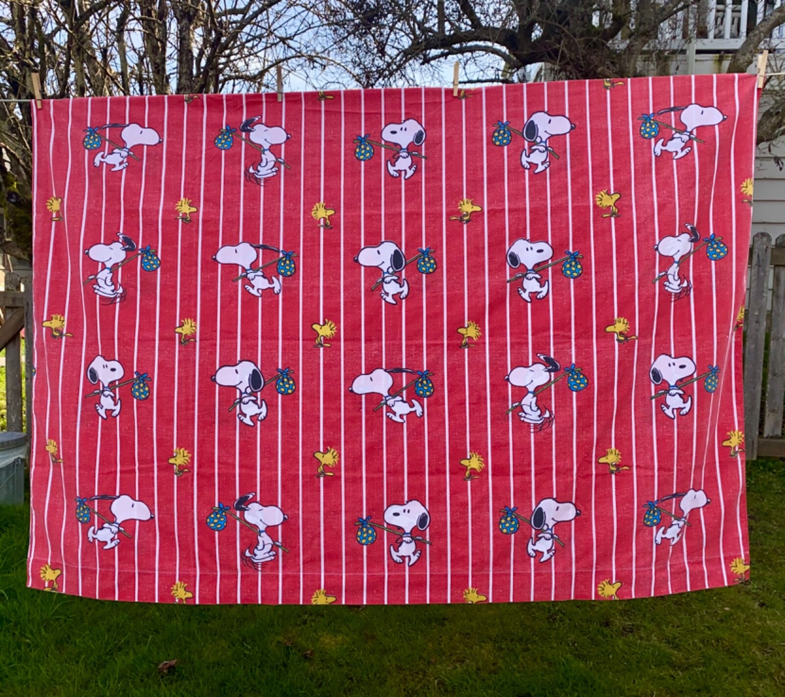 Vtg Utica Hobo Snoopy & Woodstrip Peanuts Twin Flat Sheet Red White Stripes  