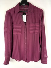 NEW Express Women's Bordeaux Ombre Sheer Stripe Button Portofino Blouse Small S