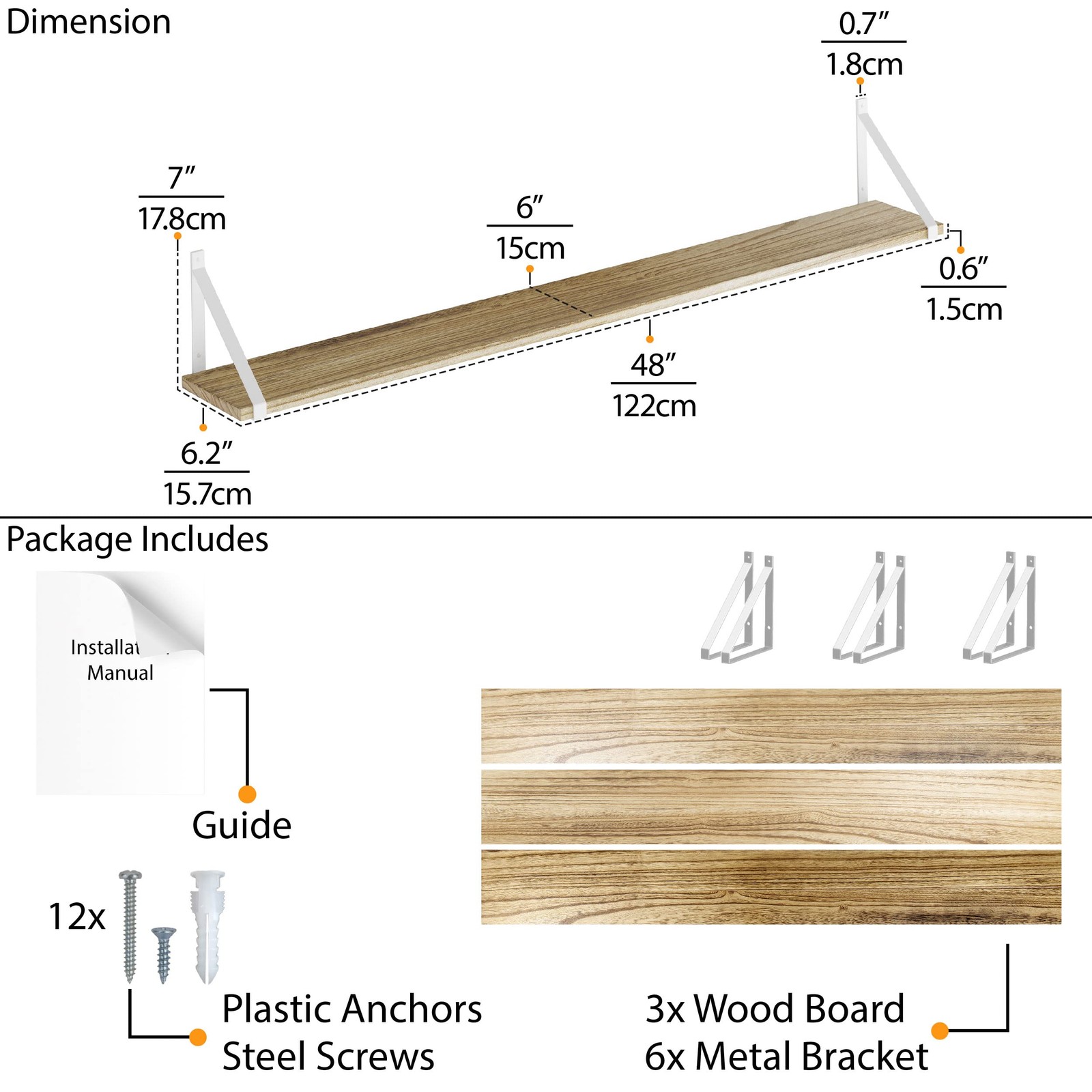 Bora Long Floating Shelves, 48" x 6" Wall Bookshelf Living Room Decor, Rustic...