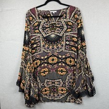 Patrons of Peace Boho Witchy Bell Flared Sleeve Mini Dress Geometric Size L