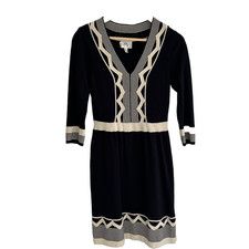 Milly of New York Knit Dress Size Small Black Ivory Stripe V-Neck Classic