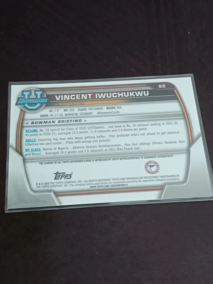 2023 Topps Chrome Vincent Iwuchukwu Autographed RC USC Trojans Trading Card - Image 2 of 2