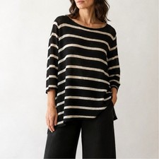Eileen Fisher 100 Organic Linen Striped Tunic Top Black White Sweater-1X