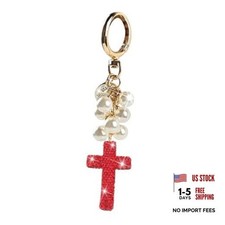 Bling Car Keychain, Pearl Crystal Rhinestones Cross Vehicle Key Chain, Red