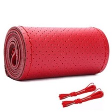 Leather Car Steering Wheel Cover, Cowhide Steering Wheel 38 Red Punch Hole