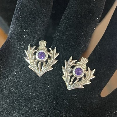 Vintage 925 Sterling Amethyst Schottische Distel Ohrringe Ohrstecker