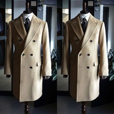 Men Long Overcoat Cashmere Double Breasted Winter Formal Business Men Long Coat