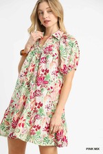 Umgee Multi Color Pleated Yoke Mini Dress with Short Balloon Sleeves