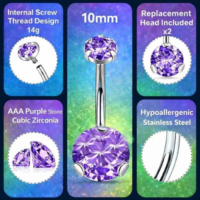 10mm Stainless Belly Ring Internally Threaded AAA Purple CZ Hypoallergenic 14g