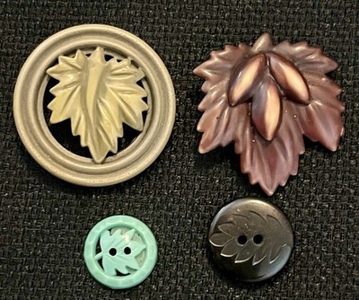 Antique Vintage Leaf Buttons Carved Molded Etched Applied Nuts