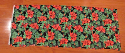 CHRISTMAS BEST POINSETTIA FLOWERS COTTON BLK-RED-GRN~RTC FABRICS~17''X45'' REMNANT