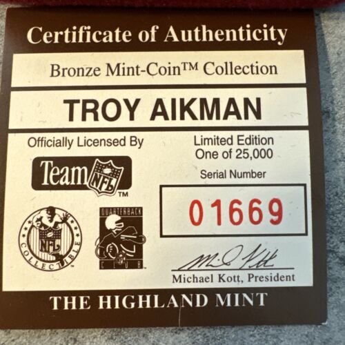 Highland Mint Troy Aikman Dallas Cowboys Bronze Coin /25,000 Collectors Edition - Picture 2 of 4
