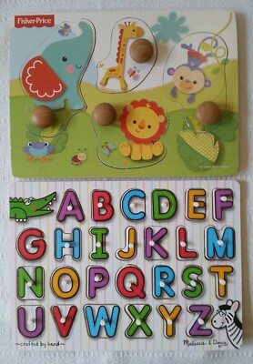 Wooden Puzzle Lot (2) Toddler Jumbo Knob Fisher Price & Alphabet Melissa & Doug