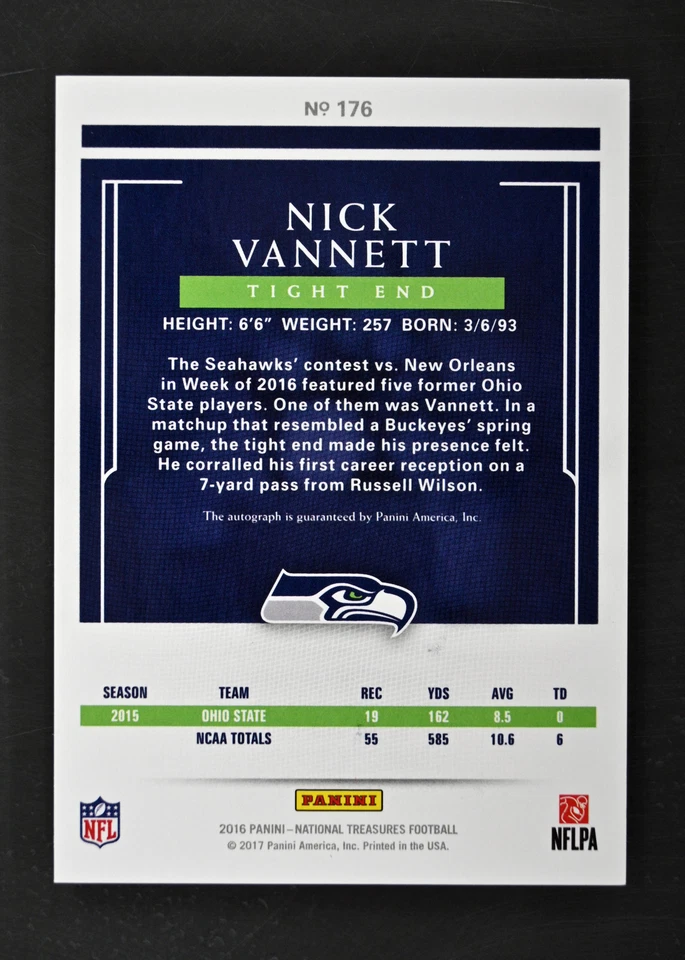 Panini National Treasures #176 2016 Nick Vannett/49 automático RC Seahawks Foto 2 de 2