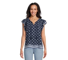 Time and Tru Flutter Women's Sleeve Woven Top Size XL 16-18 Dark Navy Combo 