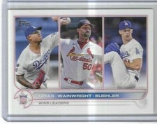 2022 Topps #105 Julio Urias, Adam Wainwright & Walker Buehler League Leaders
