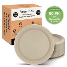 Ibambo Bamboo Disposable Paper Plates - 9 Inch, 50 Pack, Compostable Plates